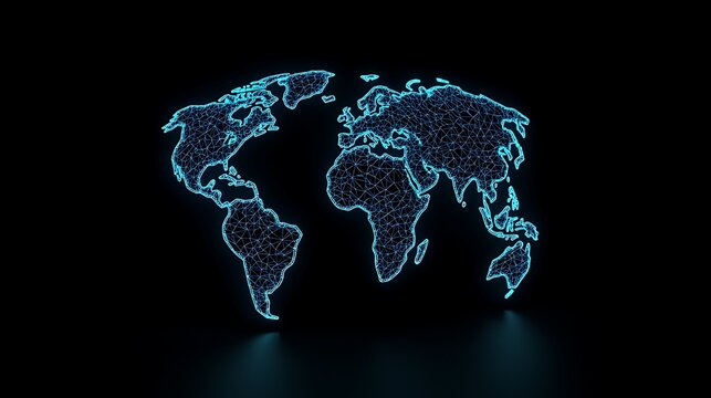 Blue neon digital world map with network nodes on black background.