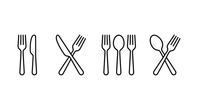 Minimalist vector line art set featuring various dining cutlery icons such as forks, spoons, and knives for modern restaurant branding