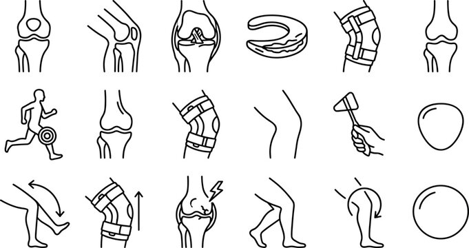 Knee Joint Anatomy and Orthopedic Medical Care Icon Set with Braces Arthritis Pain Treatment Physical Therapy and Reflex Hammer Outline Elements