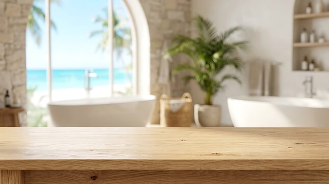 Empty Wooden Tabletop with Blurred Luxury Bathroom Interior Background for Product Placement and Spa Wellness Mockup.