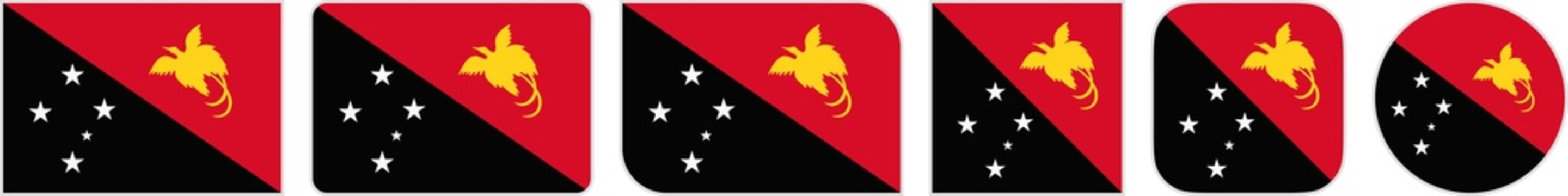 Papua New Guinea flags clipart icon set in circle square rectangle rounded squircle and round diagonal corner shapes with border on transparent background
