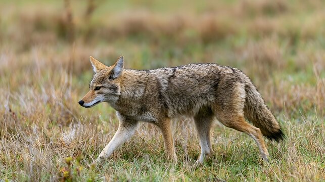 A coyote walks gracefully through tall grass in a natural open field with soft earthy tones and balanced lighting