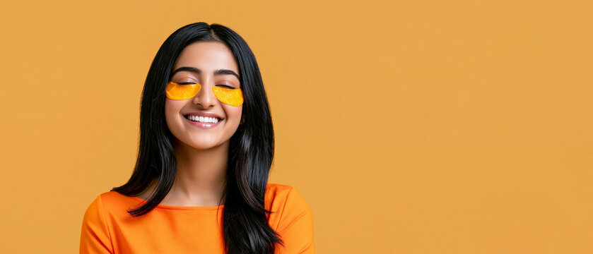 Smiling young Indian woman with orange eye patches and dark hair posing against a vibrant orange background with copy space for skincare concept