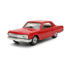 Fototapeta premium A classic red vintage muscle car toy model with chrome bumpers and detailed wheels, isolated on a black background, side angle view