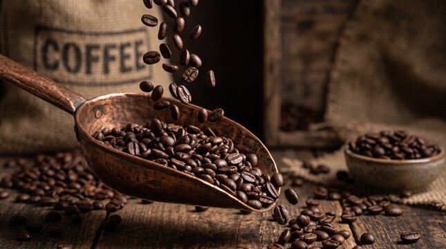 Commercial authentic microstock photography of fresh roasted coffee beans falling into a vintage copper scoop, 8k resolution, shot on Hasselblad, studio soft lighting, crisp focus, macro shot, rich da
