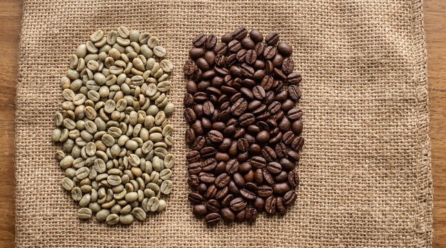 Commercial authentic microstock photography of raw green coffee beans and roasted biji kopi resting on burlap sack texture, 8k resolution, shot on Hasselblad, studio soft lighting, crisp focus, top-do
