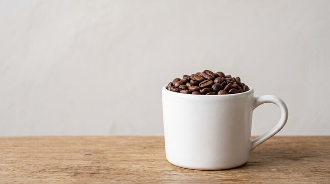 Commercial authentic microstock photography of a minimalist white ceramic mug filled with dark roasted biji kopi against a clean neutral background, 8k resolution, shot on Hasselblad, studio soft ligh