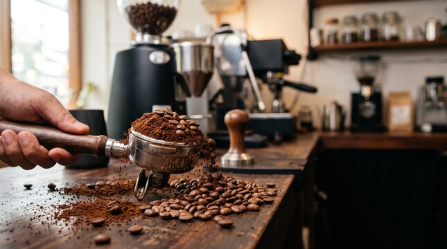 Commercial authentic microstock photography of an espresso portafilter overflowing with freshly ground coffee and whole biji kopi, 8k resolution, shot on Hasselblad, studio soft lighting, crisp focus,