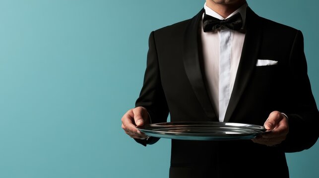 Elegant waiter in black tuxedo holding empty silver serving tray on blue background with copy space, luxury hospitality, restaurant service, catering and fine dining concept