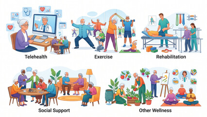 Naklejka premium Senior Care and Wellness Activity Collection with Telehealth, Exercise, Rehabilitation and Social Support