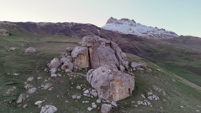 Aerial Panoramic View of Kurush Village and Mount Shalbuzdag, Dagestan, Russia