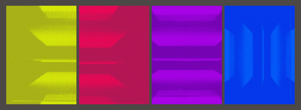 Halftone texture swatches set. Vector diagonal stripe patterns with organic arch shapes in yellow, red, purple and blue for modern print design.