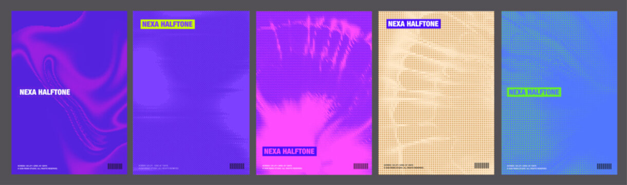 Halftone gradient poster templates set. Vector liquid marble and dot screen textures in purple, pink, cream and blue for modern CMYK print design.