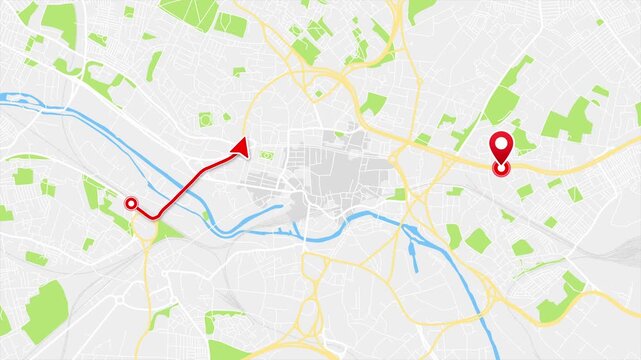 4K GPS Route Animation in Leeds, West Yorkshire, England, United Kingdom, City Map Navigation with Red Travel Path, Arrow and Location Pin