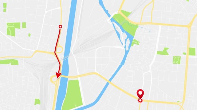 4K GPS Route Animation in Heilbronn, Baden-W&uuml;rttemberg, Germany, City Map Navigation with Red Travel Path, Arrow and Location Pin