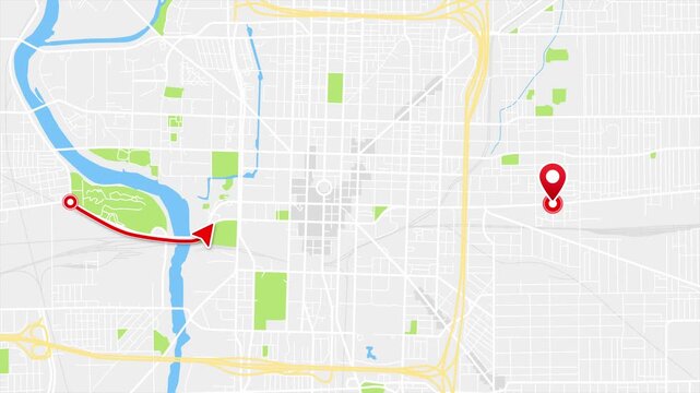 4K GPS Route Animation in Indianapolis, Indiana, United States, City Map Navigation with Red Travel Path, Arrow and Location Pin