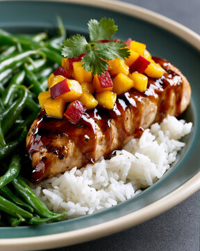 Glazed grilled chicken with mango salsa, white rice and green beans served in a bowl for a colorful healthy meal