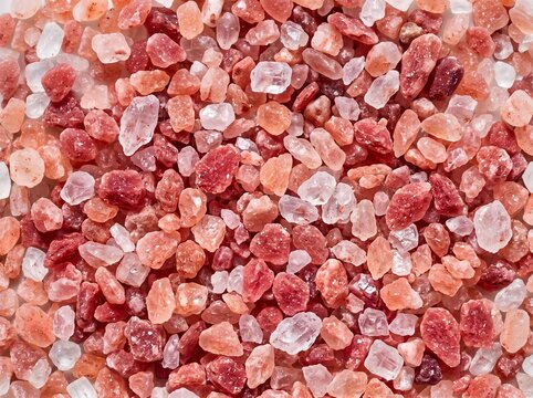 Pink Himalayan salt crystals texture background top view