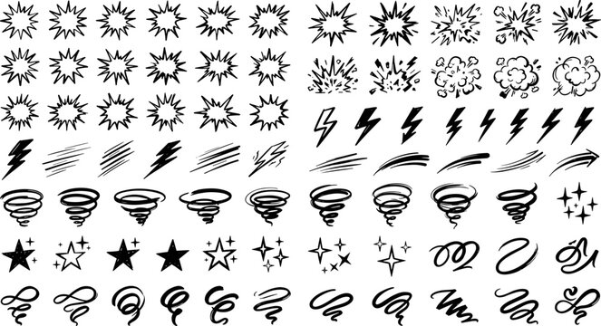 Set of hand drawn comic book style explosion, lightning, tornado, star and motion speed line effects