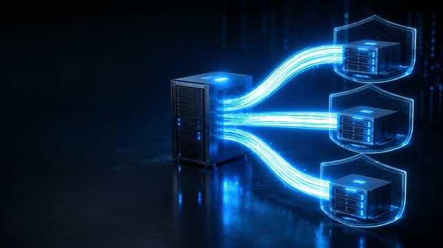 Digital server with data flow and security shields in a dark setting  