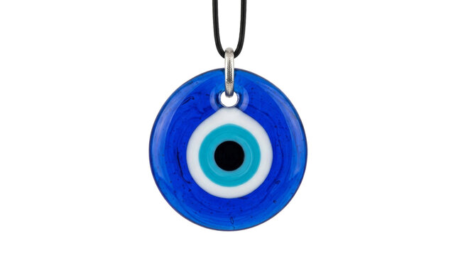 Blue evil eye amulet on a black cord, a symbol of protection and good luck