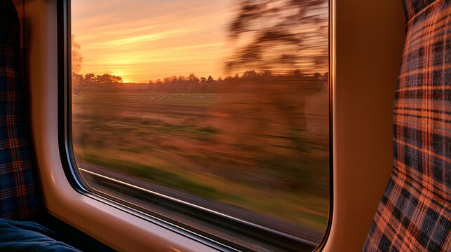 Sunset view through a train window over a countryside field