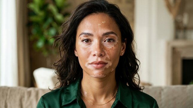 Close up portrait of woman face with vitiligo skin condition. Female patient with patchy skin discoloration looking at camera