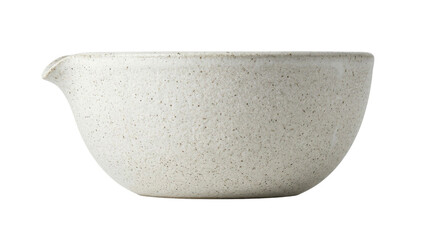 Speckled ceramic mixing bowl with a pouring spout on a white background
