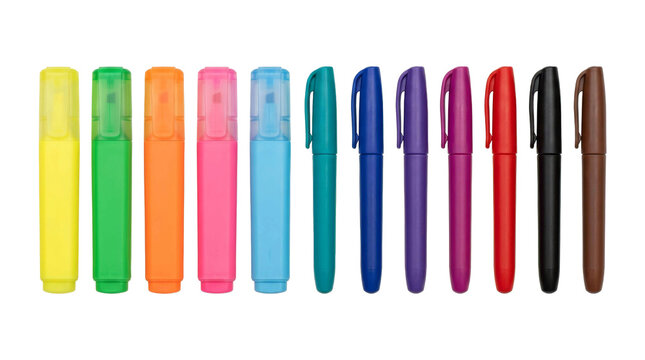 Collection of colorful markers and highlighters arranged in a row