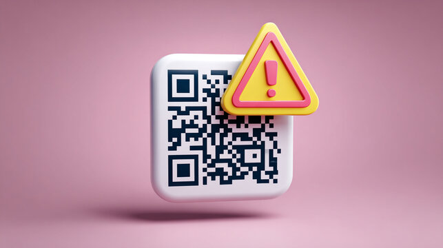 Digital qr code icon rendered in three dimensions featuring a yellow warning sign for cyber security