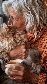 Warm light glows on wrinkled face and soft white hair. Woman hugs fluffy cat, eyes closed in quiet contentment. Cup of tea held gently, comfort in simple moments. Cozy, peaceful moment with senior