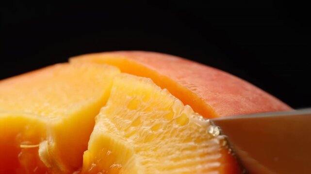 Knife slices through ripe yellow-fleshed stone fruit in extreme close-up, revealing juicy textured interior and red-orange skin against a dark background with warm directional light