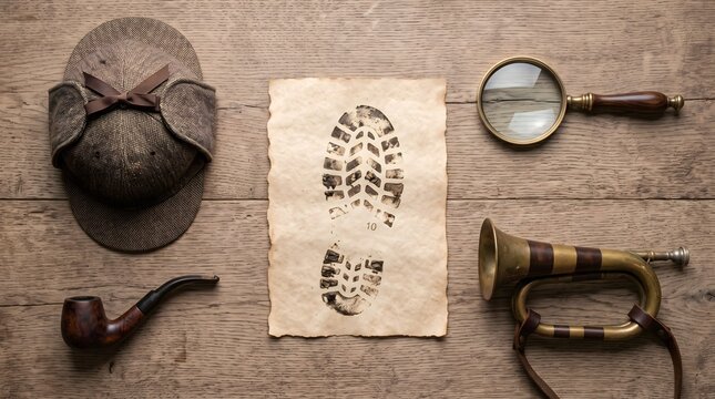 Classic detective gear including deerstalker hat, magnifying glass, wooden smoking pipe, brass trumpet and parchment paper with muddy footprint impression