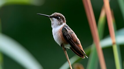 Fototapeta premium A small hummingbird perches delicately on a slender reed stem amid lush green foliage and soft natural lighting