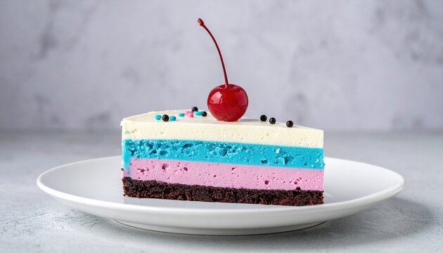 Gender reveal cake slice served on table, copy space
