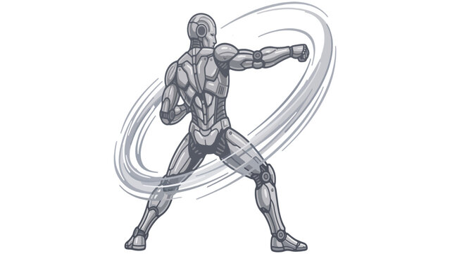 Metallic robot warrior throwing a punch in dynamic action pose isolated on transparent background abstract vector illustration 