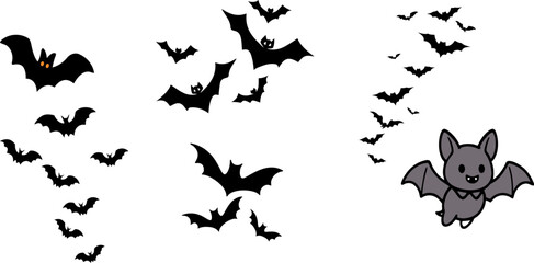 Fototapeta premium Collection of various black bat silhouettes and a cute cartoon bat character isolated on white background