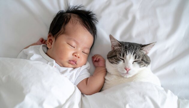 Cute baby with adorable cat sleeping on bed at home