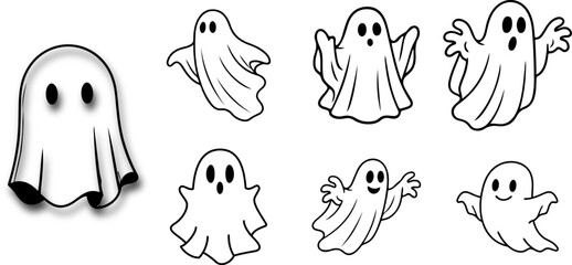 Fototapeta premium Set of cute hand drawn ghost characters for halloween decorations and spooky themed graphic design projects