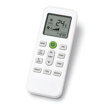 White air conditioner remote control with digital temperature display on white background