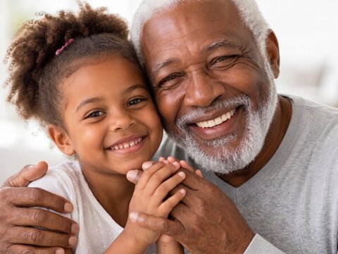  Close-up portrait of a happy African American grandfather and his cute little granddaughter hugging and smiling at the camera. Loving multi-generational family bonding, Grandparents Day concept