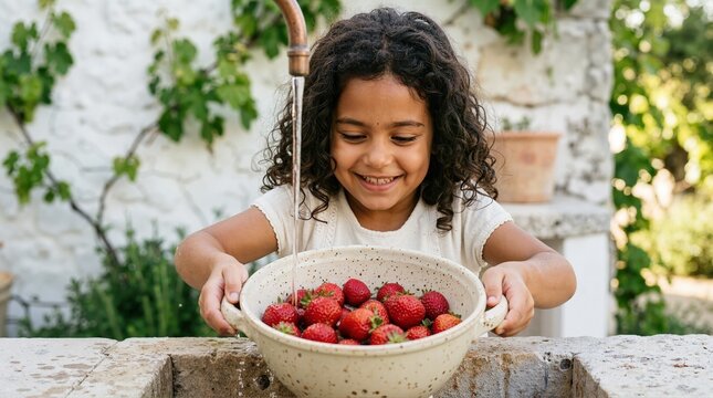 Happy young girl washing fresh strawberries in a ceramic colander outdoors. Child cleaning red berries under running water at a rustic stone sink in a garden