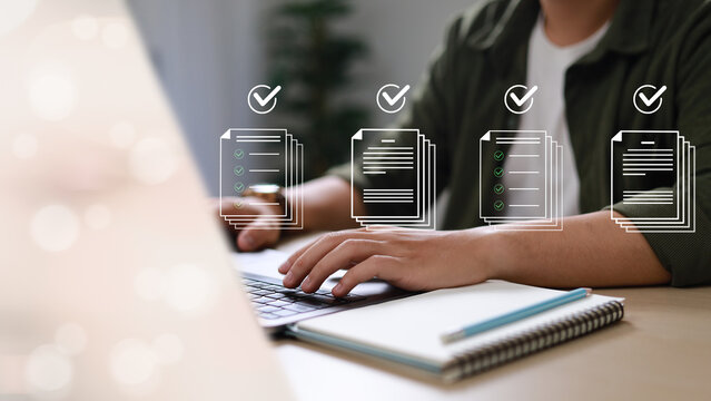 The document approval process, integrated with automated workflow management systems, facilitates legal compliance and digital business operations. Business professionals are reviewing documents.