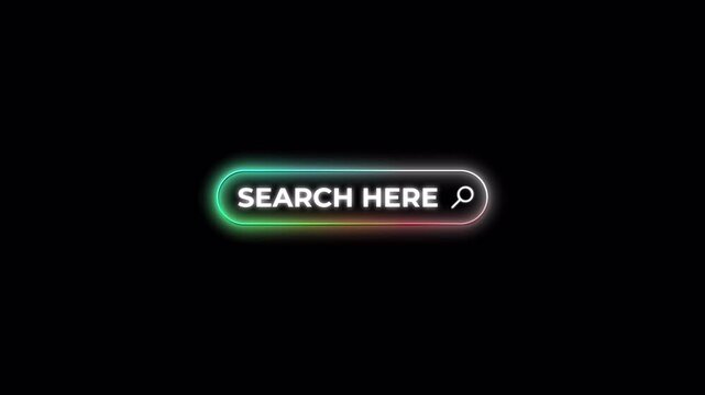 Animated glowing search bar engine animation on Black Background, with alpha channel. search bar button animation Website SEO and Internet Optimization. 4K Resolution