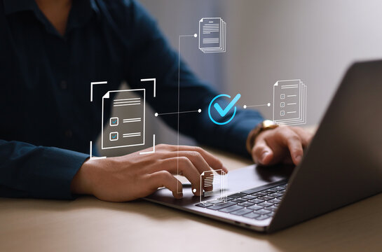 The document approval process, integrated with automated workflow management systems, facilitates legal compliance and digital business operations. Business professionals are reviewing documents.