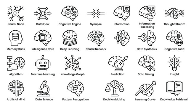 Artificial intelligence and cognitive engine icons set including neural nodes and machine learning symbols for advanced science and technology concepts.