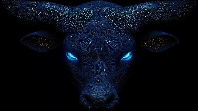 Celestial bull portrait with glowing blue starry textures.