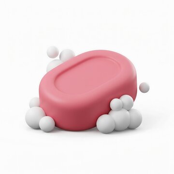 3D Pink bar of soap surrounded by fluffy white bubbles and soap suds with bath soap hygiene product wash soap