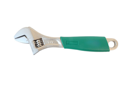 adjustable spanner wrench with green rubber handle, hand tool, isolated on transparent background