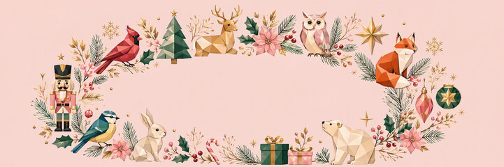 Fototapeta premium Low poly Christmas wreath with woodland animals and festive decorations